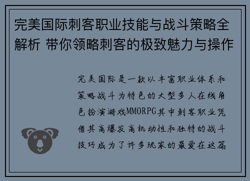 完美国际刺客职业技能与战斗策略全解析 带你领略刺客的极致魅力与操作技巧